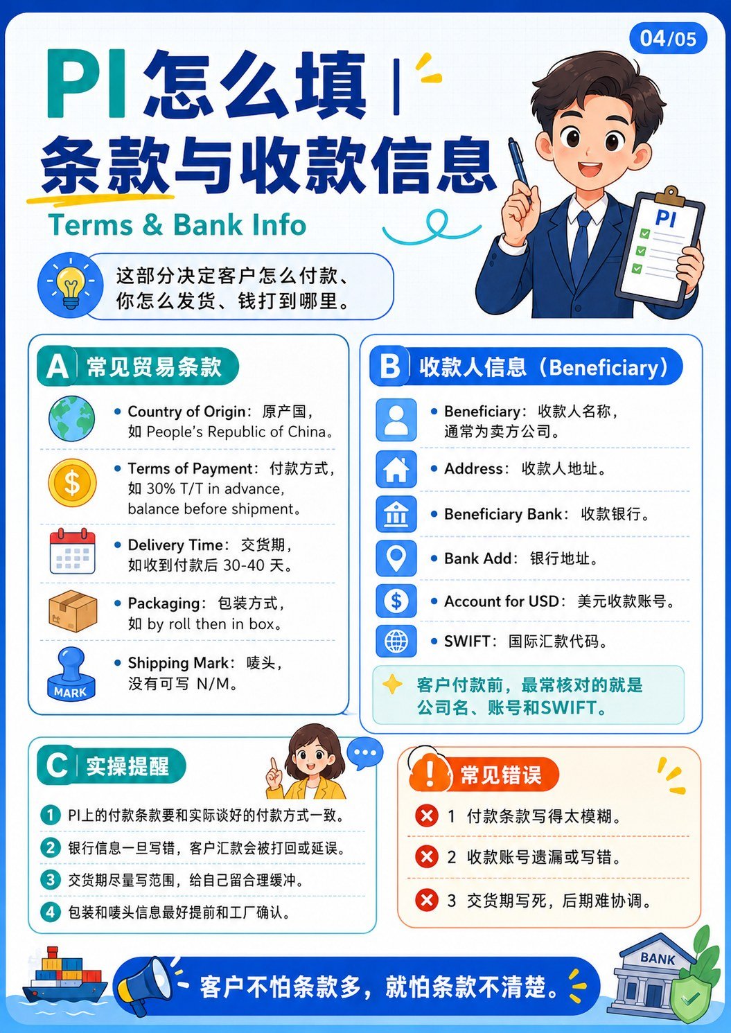 PI形式发票制作 - PI条款与收款信息