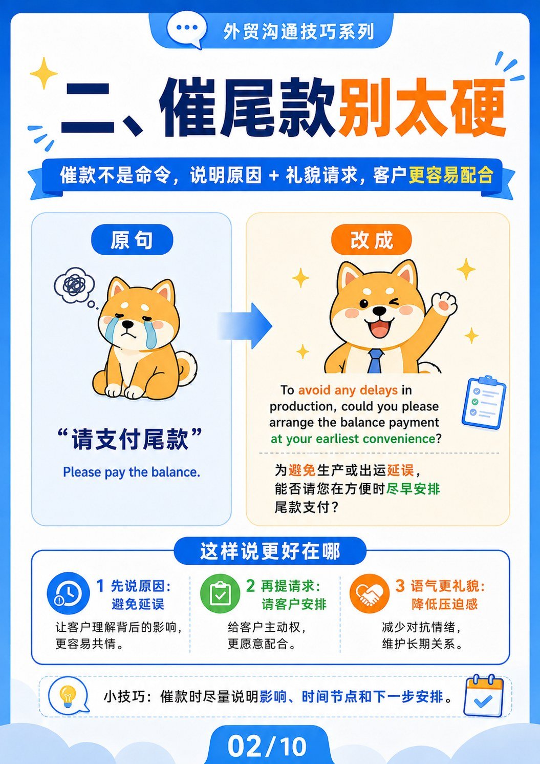 外贸沟通柔和表达 - 催尾款别太硬