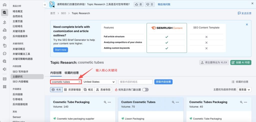 别再乱写外贸博客了：一个实用的选题方法（快速免费） - semrush输入核心关键词