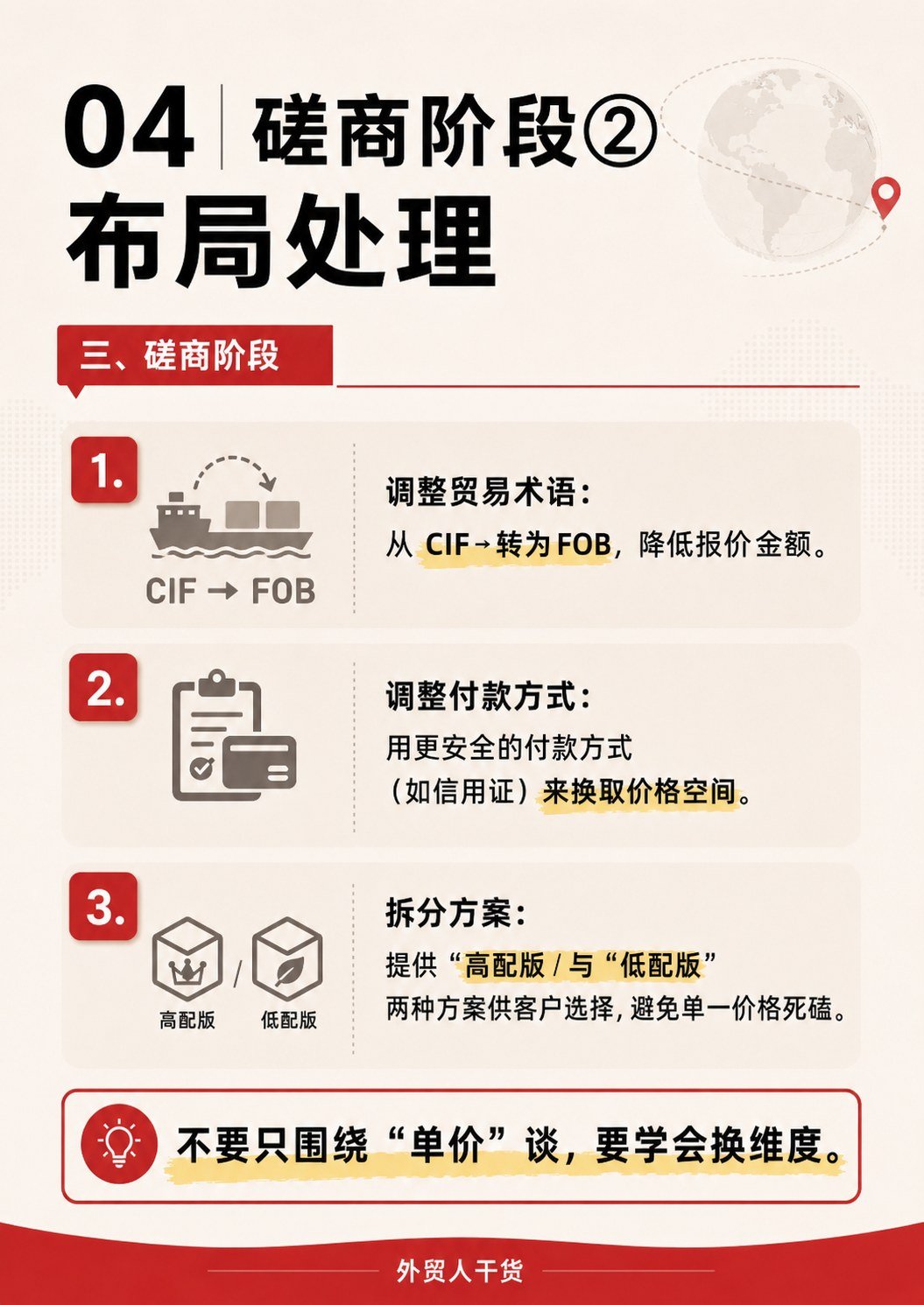 外贸谈判不是硬刚:5个流程 + 3套话术,建议收藏 - 磋商阶段 布局处理