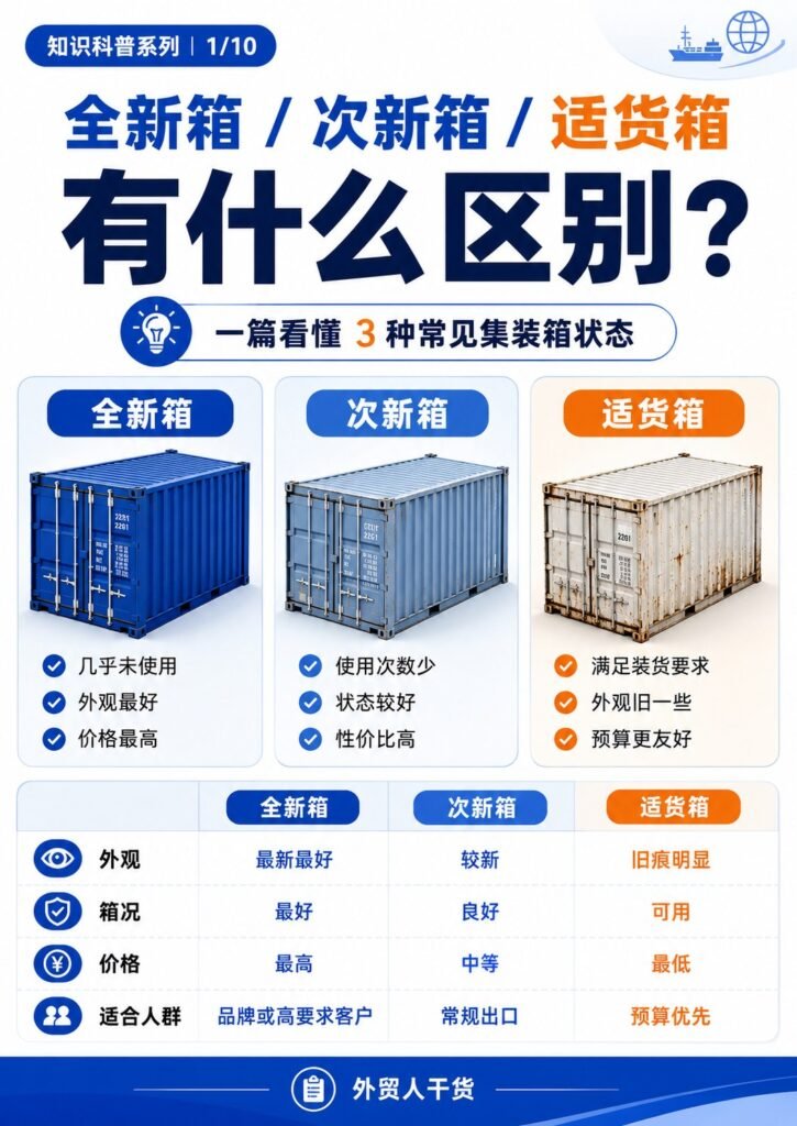 全新箱、次新箱、适货箱有什么区别？一篇看懂3种常见集装箱状态 - 全新箱次新箱适货箱有什么区别