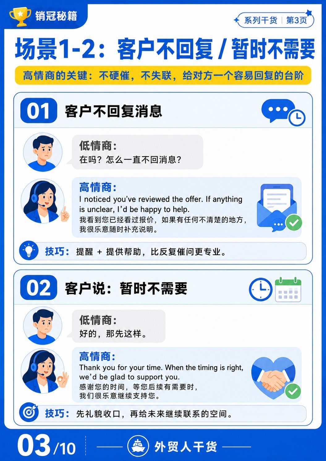 外贸销冠的高情商 vs 低情商经典聊天话术 - 客户不回复和暂时不需要