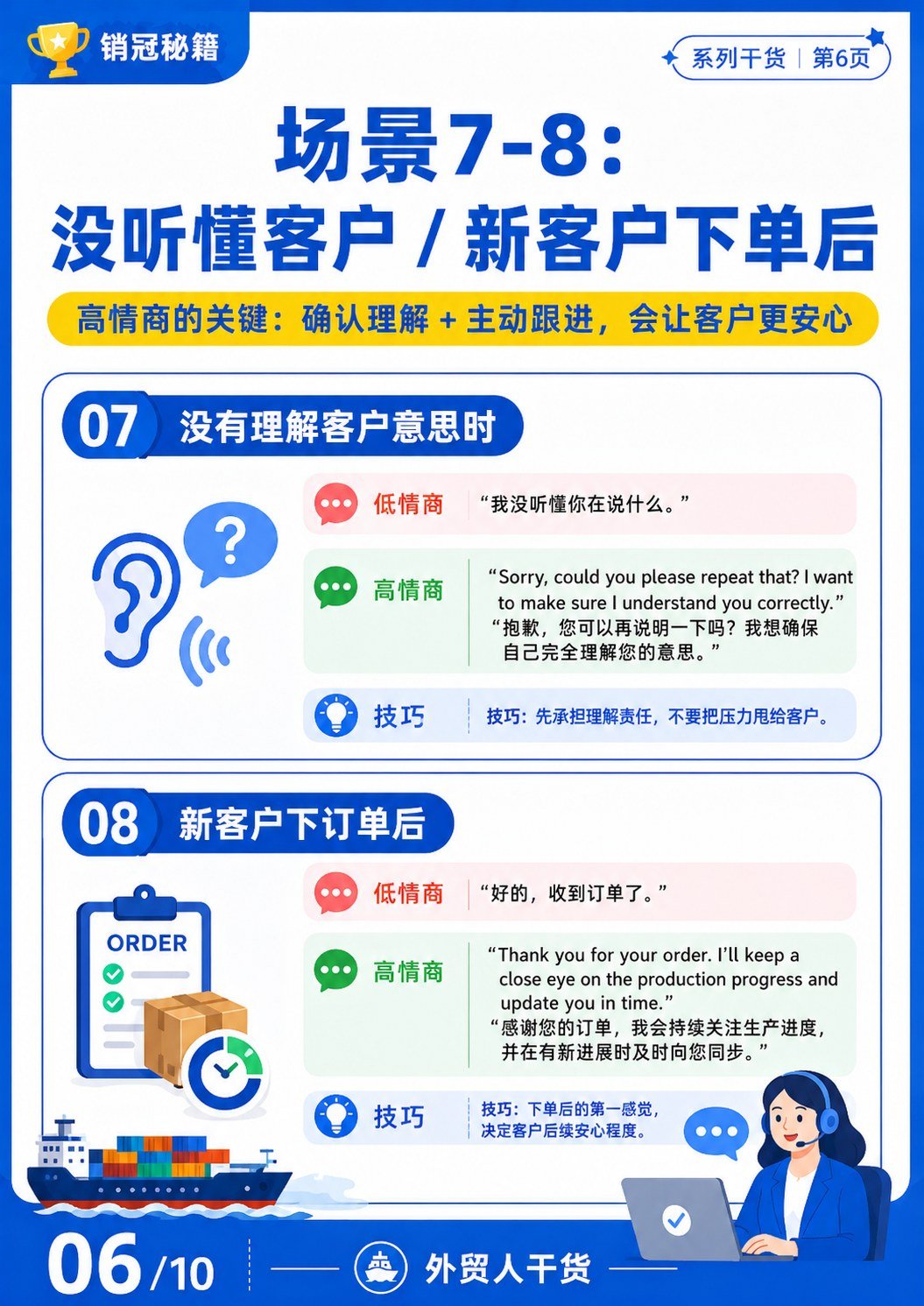 外贸销冠的高情商 vs 低情商经典聊天话术 - 没听懂客户和新客户下单后
